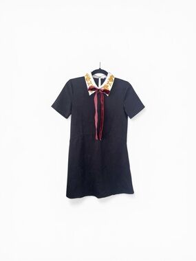 Zara Black Dress with White Embroidered Collar and Burgundy Bow